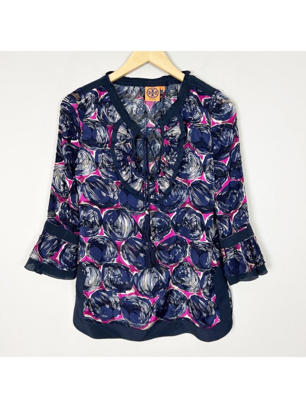 Tory Burch Silk Semi-Sheer‎ Popover Top Preppy Ruffle Size 2 Women's